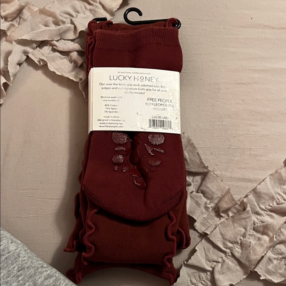 Free People Movement/Women’s Burgundy Knee High Ruffle Grip Socks, OS - Picture 3 of 3